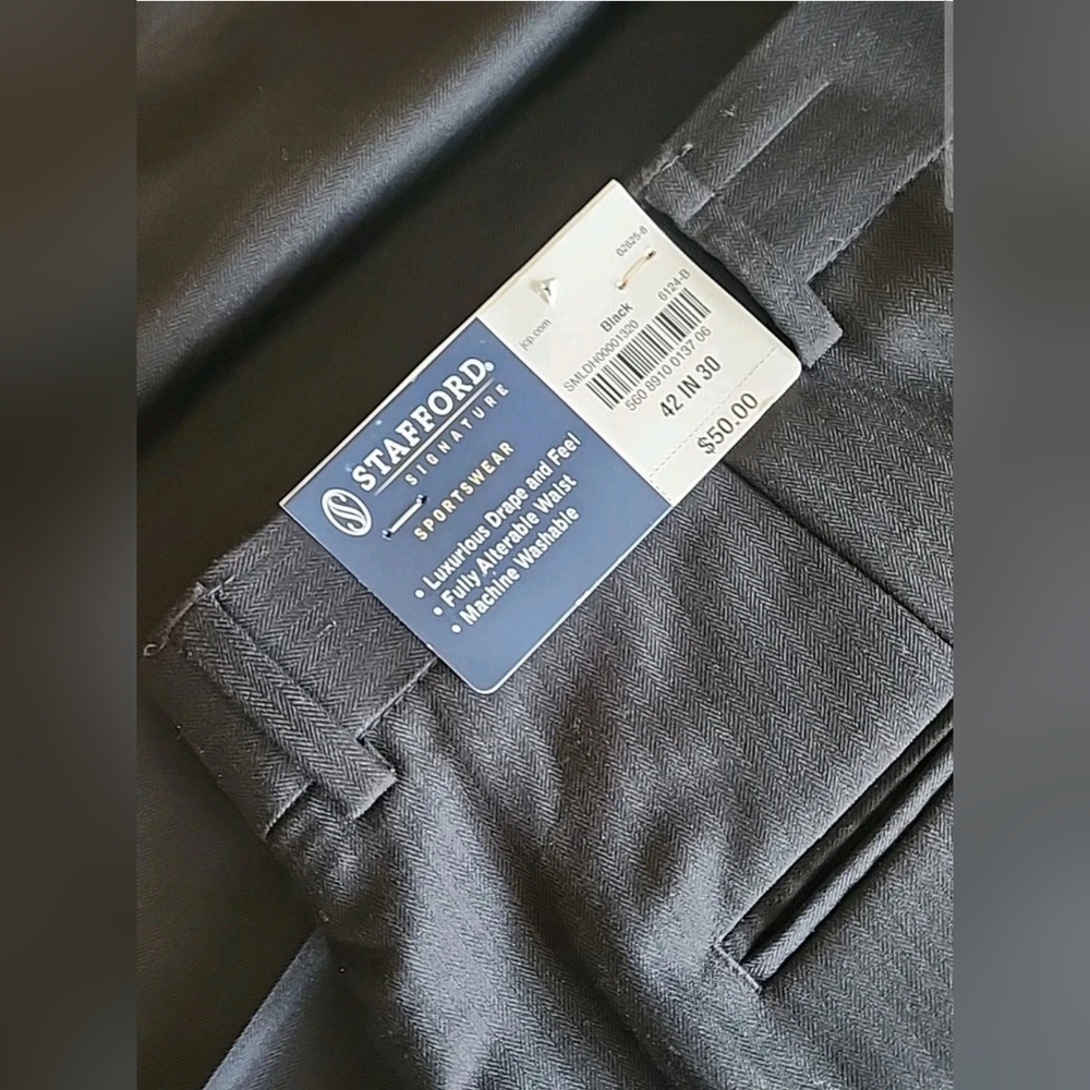 STAFFORD Signature Dress Pants Mens 42 x 30 Flat Front Black Stripe Slacks NWT - Picture 2 of 7
